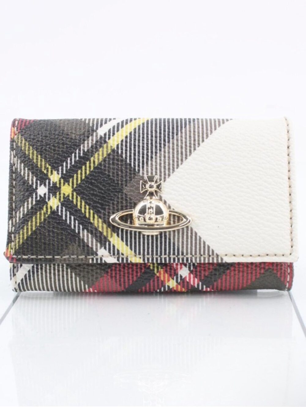 Vivienne Westwood Orb-Plaque Plaid Pattern Coated Canvas Key Case Wallet w/ Box